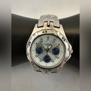 Fossil Blue Watch Unisex Silver Tone 38mm Day Date New Battery